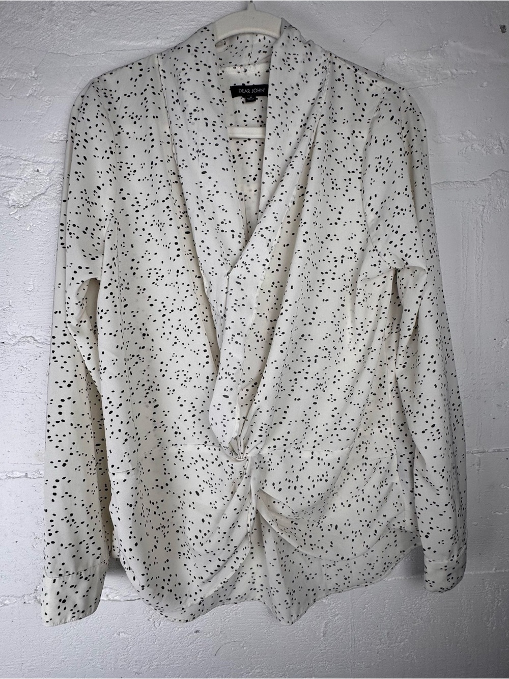 Dear John White Black Top Speckle Print dot Drape and Twist Blouse Career